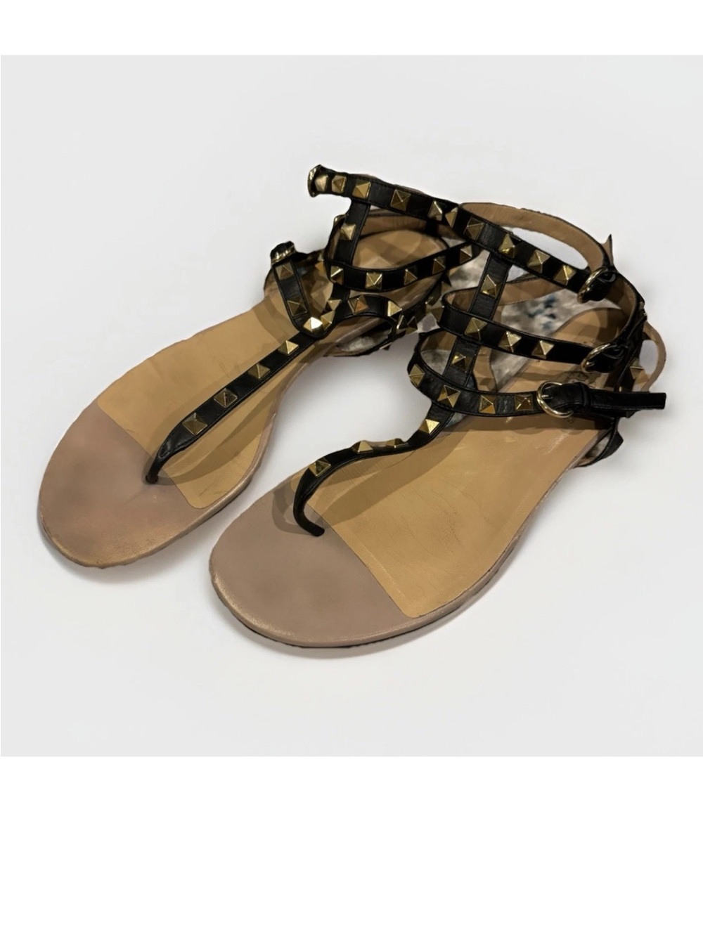 Valentino Beige And Black Rockstud Strappy Flat Sandals 39